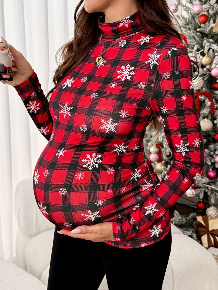 SHEIN Fall Clothes Casual Tops For Women Christmas Party Red Tops Maternity Plaid Snowflake Print High Neck Long Sleeve T-Shirt - Red - View 1