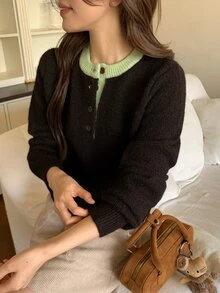 DAZY Deep Brown Round Neck Contrast Green Collar Button Half-Placket Loose Long Sleeve Casual Knit Sweater - Brown - View 6