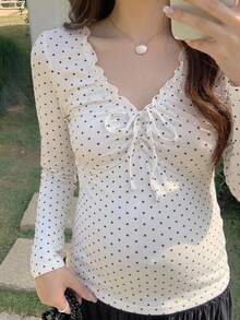 Dazy Maternity Contrast Color Polka Dot Slim Fit Elastic Ruched Tie Long Sleeve Casual Vacation Korean Style Versatile Daily Spring Autumn Maternity T-Shirt - White - View 1