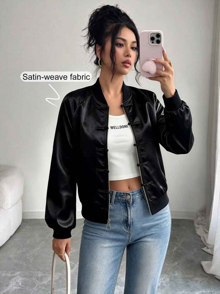 GlowEve Women's Solid Color Raglan Long Sleeve Frog Button Front Casual Baseball Jacket - Black - View 1
