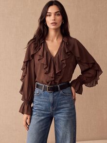 CielaLinda Women's Brown Ruffle Chiffon Blouse, Long Sleeve Elegant Shirt, Flowy Feminine Top - Brown - View 3