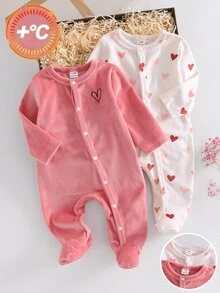 2pcs Newborn Soft Cozy Silver Fox Fleece Heart Print Pink Heart Embroidered Long Sleeve Button-Up Footed Rompers - Multicolor - View 3