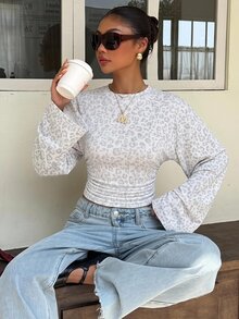 Muchica 秋季新款淺色豹紋蝙蝠袖修身長袖T恤，優雅休閒時尚基本款上衣，適合春夏秋冬，適用於外出與派對，女款豹紋秋季上衣T恤 - 彩色 - 查看 4