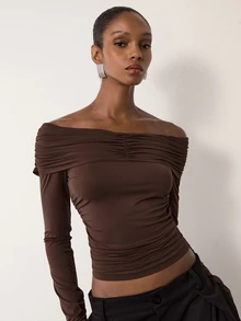 MERLEAU Women's Dark Brown Slim-Fit Solid Ruched Shoulder Long Sleeve Top, Autumn Modern Sexy Style For Night Out, Going Out And Date Nights,Tops - Brown - View 3