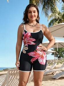 Swim SPRTY Plus Size Women One-Piece Positioned Print Casual Swimsuit Surfing Suit - Multicolor - View 3