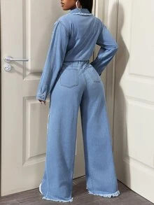 BamGleam Festival Standard Size Women's Blue Non-Stretch Distressed Patchwork Long Sleeve Denim Jumpsuit - Light Wash - View 2