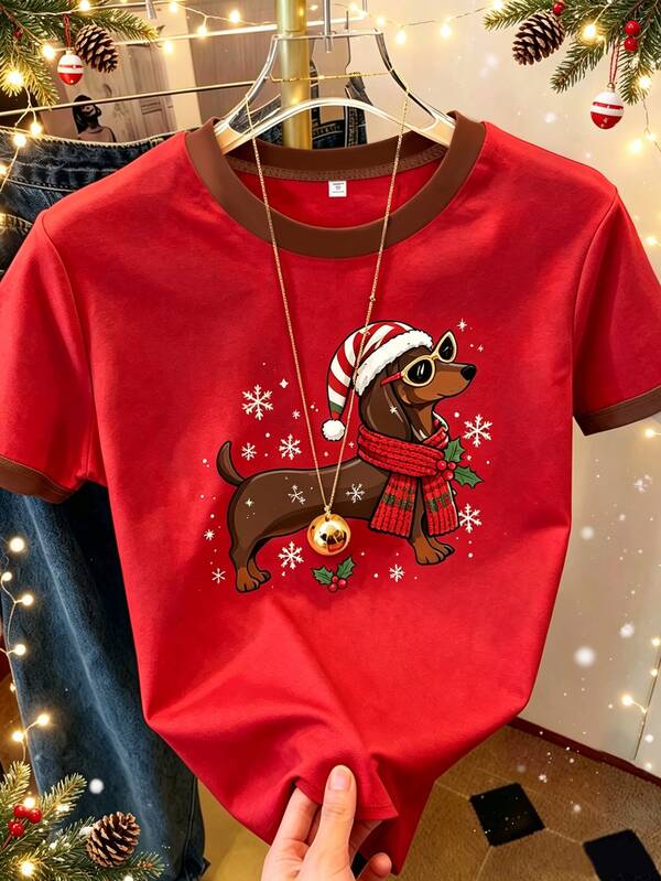 Christmas Winter Autumn Girls Holiday Outfit Dachshund Print Short Sleeve T-Shirt American Vintage Casual Top T-Shirt Personalized Versatile Autumn Latest Flyer Tween Girl T-Shirt Suitable For Girls 8Y-12Y Pet