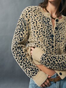 Bohemela Vintage Plush Leopard Print Jacquard Long Sleeve Knit Cardigan - Apricot - View 3