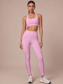 SHEIN BAE Women's Pocket Mesh Patchwork Sports Leggings - Baby Pink - View 5