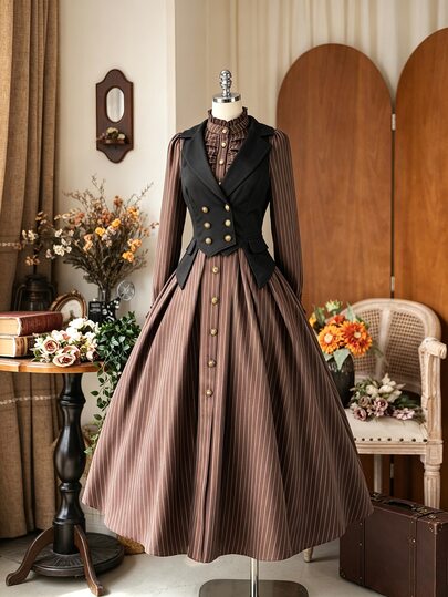 Sunspun Setelan Wanita Gaya Istana Vintage Prancis dengan Rompi Pelangsing yang Mengencangkan Pinggang, Jaket Pendek Elegan Desain Baru + Setelan Gaya Kampus Muda Musim Semi dan Gugur, Gaun Lengan Panjang Gaya Istana Mewah Vintage Prancis Baru, Setelan Dua Potong Wanita Musim Semi dan Gugur, Busana Vintage Elegan, Gaya Kencan Minimalis untuk Perjalanan, Blazer Lengan Panjang, Kerah, Lipit Samping, Gaun Bergaris Vintage Lengan Panjang