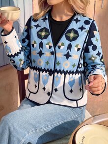 Vivid Eden Geometric Print V Neck Button Front Contrast Piping Trim Flap Pocket Jacket,Cafe,Multicolor Colorblock,Winter Clothes,Country Style,Christmas - Black - View 4