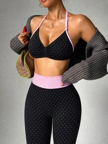 Slayform Women's Polka Dot Print Backless Halter Top & Leggings Sports Set - Black - View 2