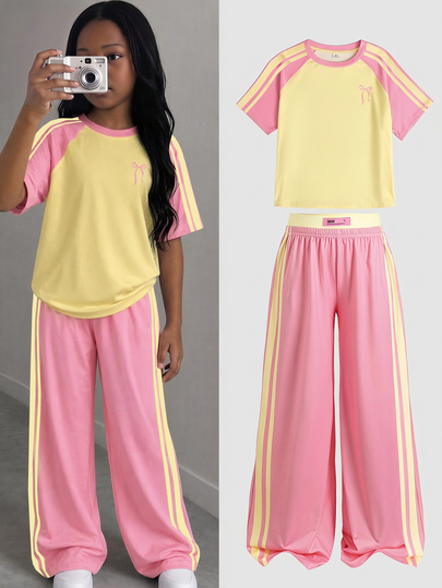 SHEIN Tween Girl Tween Girl Girls 2 Pieces Casual Set, Fitted Round Neck Short Sleeve Knit Top With Color Block Patchwork Detail, Color Block Y2K