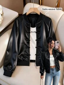 GlowEve Women's Solid Color Raglan Long Sleeve Frog Button Front Casual Baseball Jacket - Black - View 6