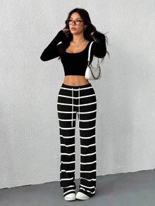 SHEIN EZwear 女款條紋拼色抽繩腰休閒長褲 - 黑與白 - 查看 4