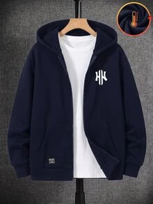 SHEIN 青少年男孩極簡街頭風秋冬休閒日常穿著校園拉鍊連帽衛衣 - 藏蓝色 - 查看 3