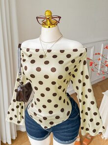 Comfortcana Plus Size Women Polka Dot Print One Shoulder Top - Light Yellow - View 1