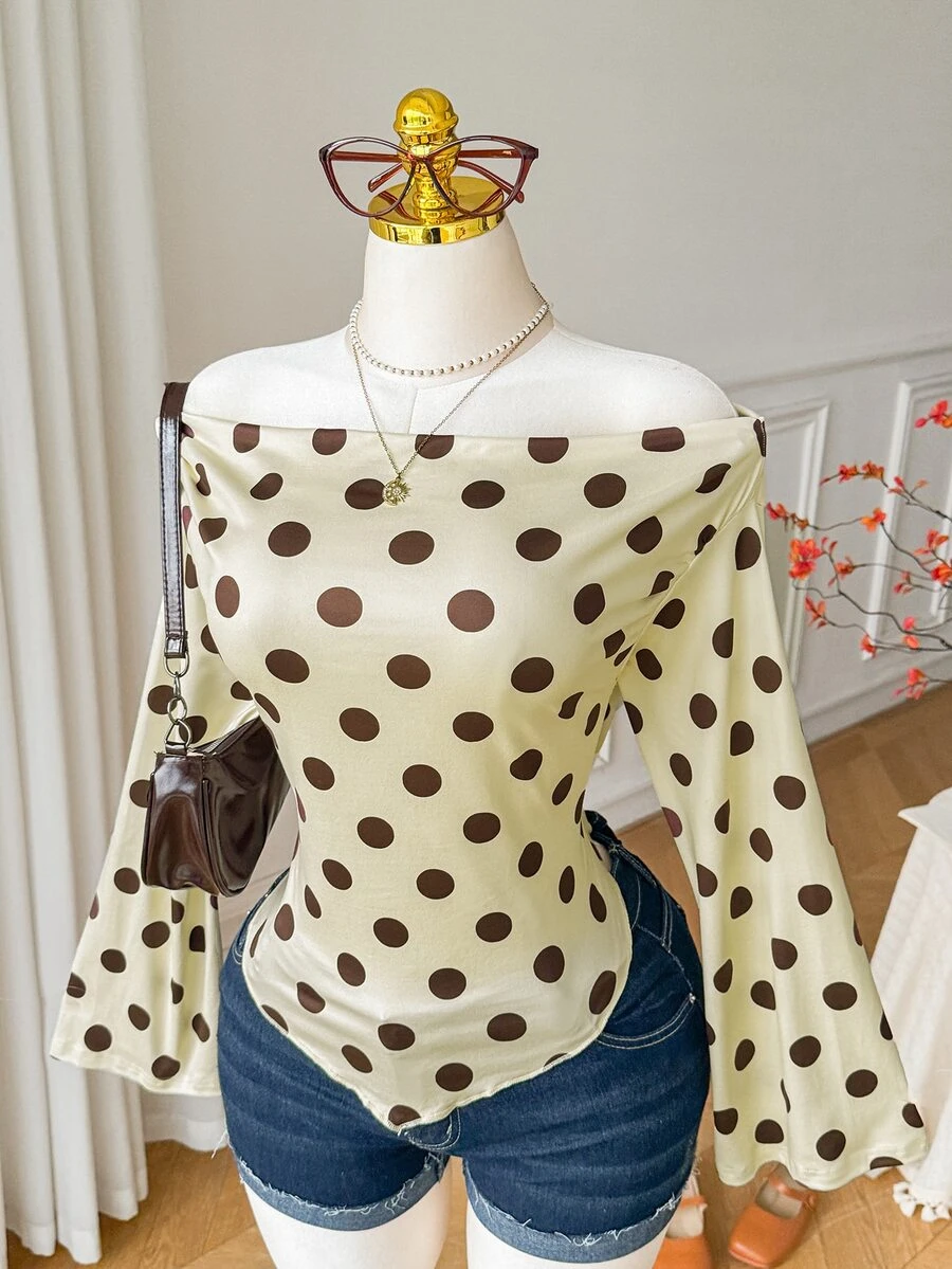 Comfortcana Plus Size Women Polka Dot Print One Shoulder Top - Light Yellow - View 1
