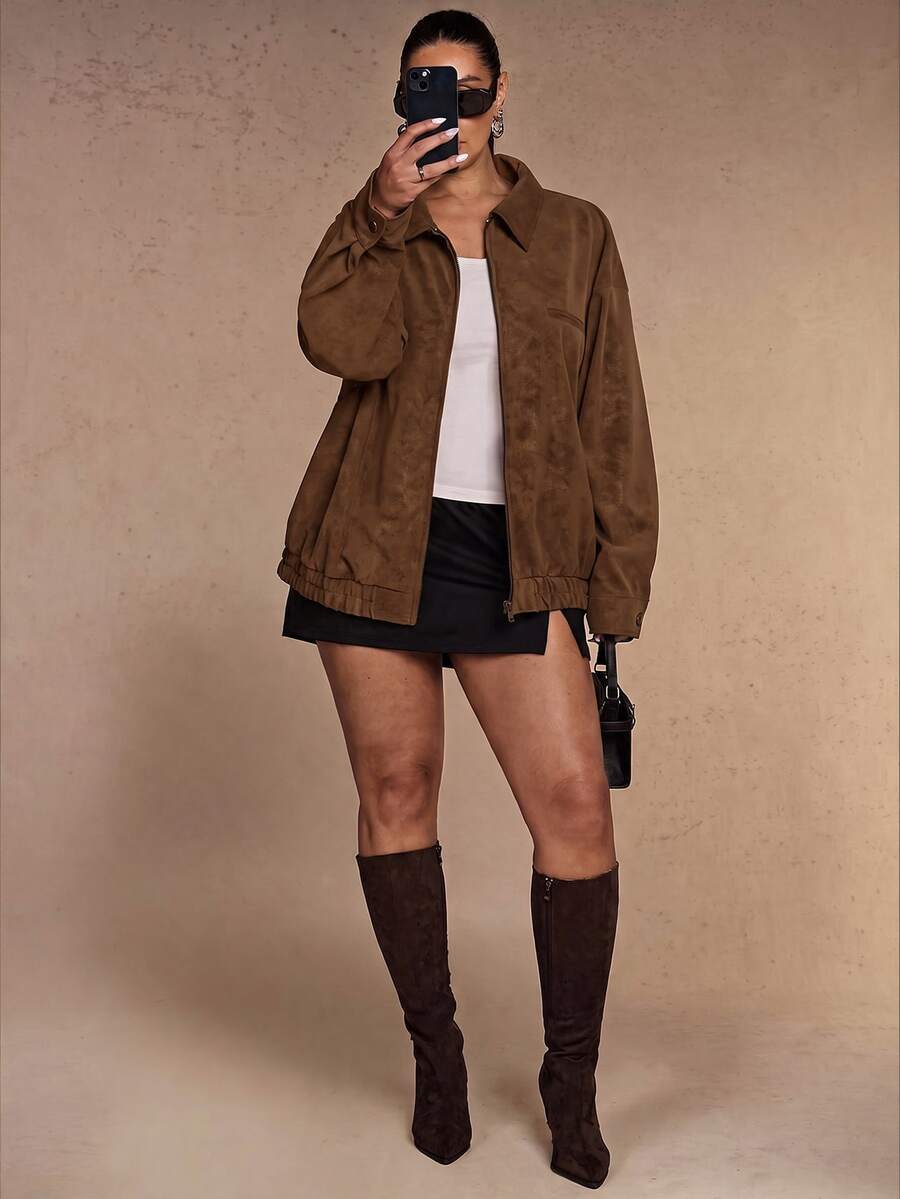SHEIN BAE CURVE 大尺碼女款卡其色寬鬆方正夾克外套 冬季 - 巧克力棕 - 查看 1