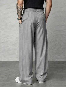 SLATEMANN Men's Navy Blue Striped Long Pants, Fashion Design Loose Fit Versatile Casual Wide Leg Trousers - Light Grey - View 2