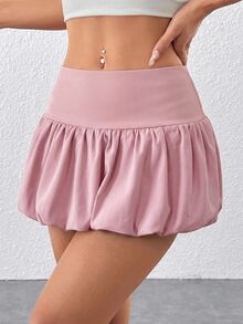 SHEIN PETITE 女款純色高腰荷葉邊迷你裙 - 粉色 - 查看 6
