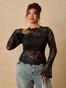 Travachic Plus Size Women Lace Sexy Sheer Long Sleeve Top Fall - Black - View 6