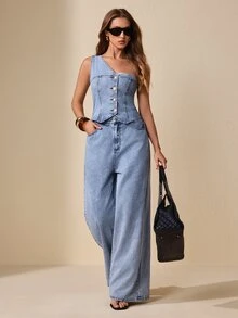 Selenza Women's One-Shoulder Wide-Leg Denim Jumpsuit - Blue - View 3