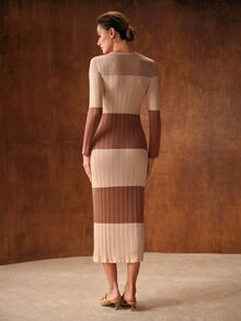 MOTF PREMIUM WOMEN'S GENTLE STYLE STRIPED COLORBLOCK LONG SLEEVE SWEATER DRESS - Apricot - View 5