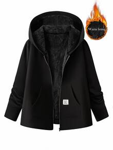 SHEIN Clasi 大尺碼女款純色抓絨內裡休閒百搭日常長袖夾克 - 黑色 - 查看 1