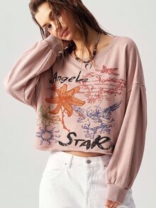 Bohemela Women's Letter Floral Print Casual Graphic Daily Everyday Night Out Long Sleeve Sweatshirt Pink Fall - Pink - View 4