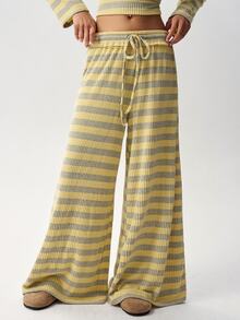 Bohemela Women's Striped Colorblock Asymmetric Shoulder Long Sleeve Top And Drawstring Waist Pants 2 Pieces Set - Yellow - View 4
