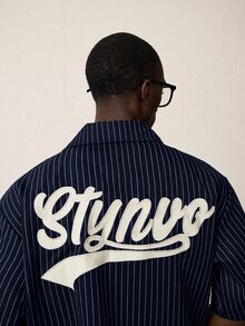 STYNVO 男士刺繡條紋單排扣短袖襯衫 - 藏蓝色 - 查看 5