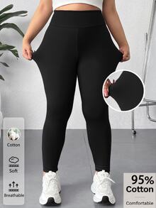 SHEIN EZwear 秋冬新款大尺碼女款 95% 棉黑色高彈性百搭內搭褲，適合休閒與運動場合 - 黑色 - 查看 1
