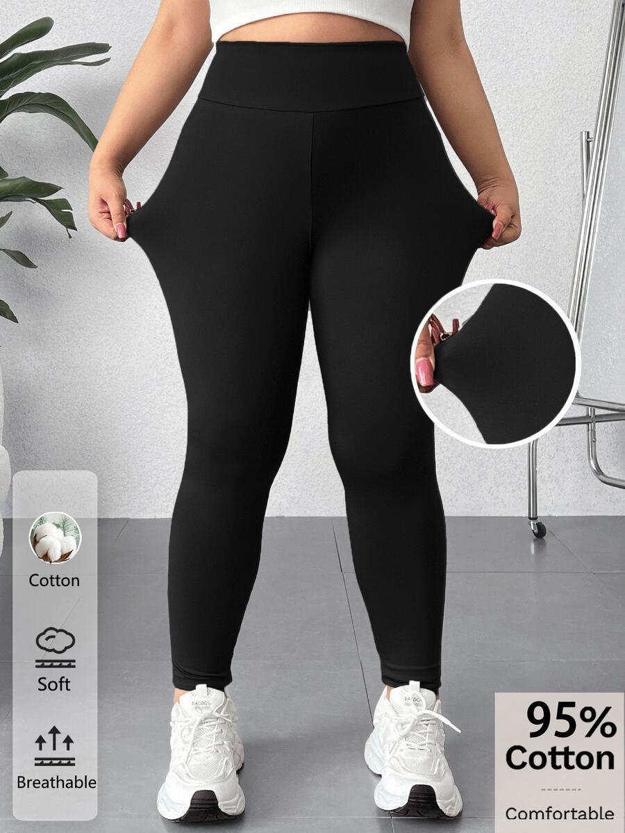SHEIN EZwear 秋冬新款大尺碼女款 95% 棉黑色高彈性百搭內搭褲,適合休閒與運動場合 - 黑色 - 查看 1