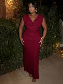 Firerie Plus Size Elegant Party Solid Color Cowl Neck Dress - Red - View 7