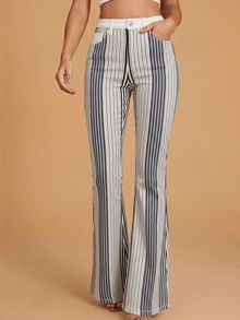 Selenza Women's Striped Casual Flare Leg Denim Jeans With Pockets - Multicolor - View 1