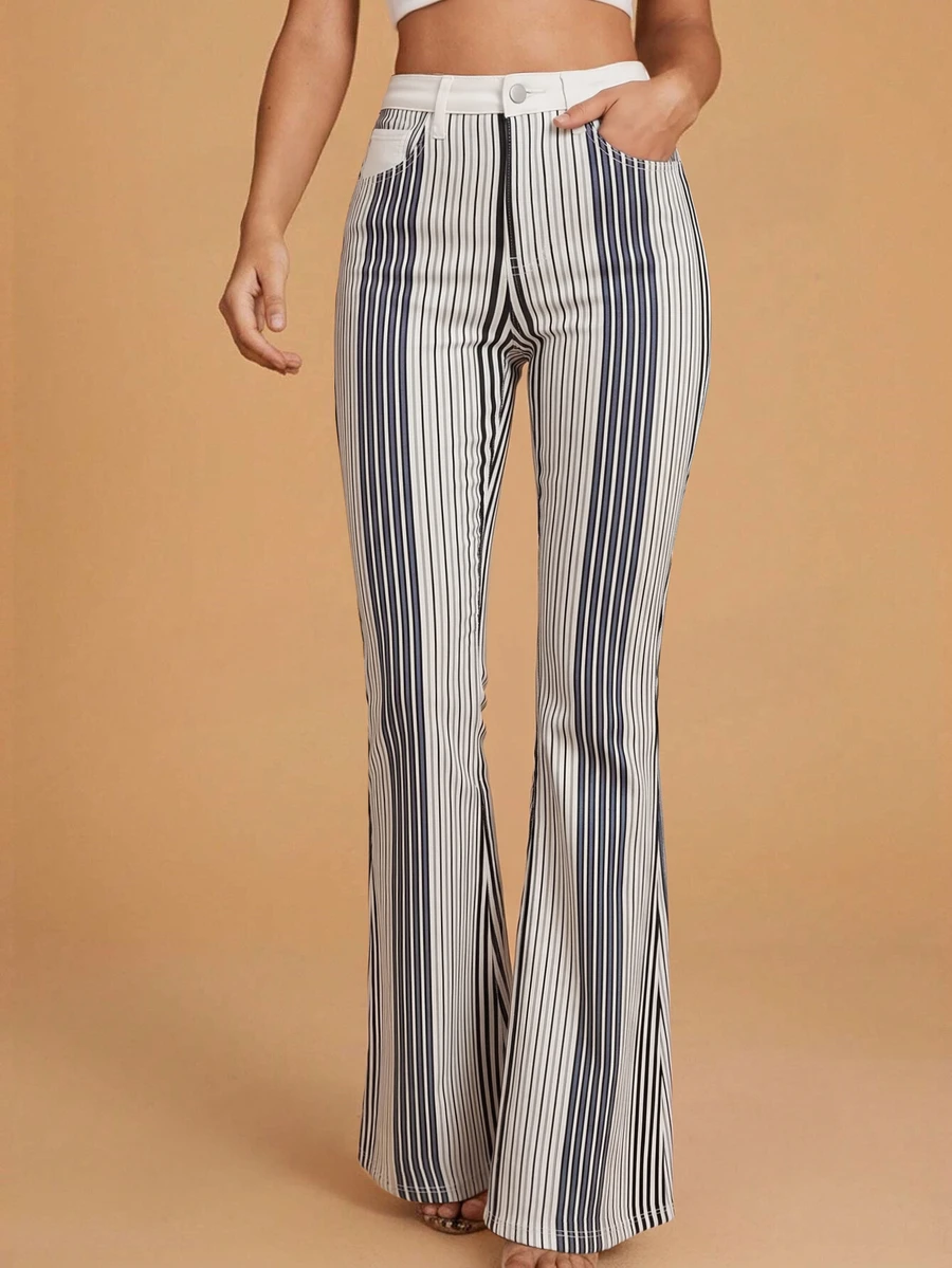 Selenza Women's Striped Casual Flare Leg Denim Jeans With Pockets - Multicolor - View 1