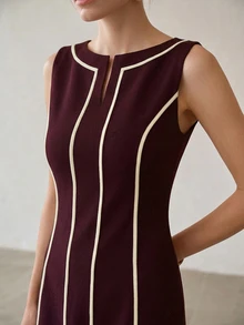 MOTF PREMIUM CONTRAST STRIPED PATTERN NOTCH NECK SLEEVELESS SHORT DRESS - Red Violet - View 3