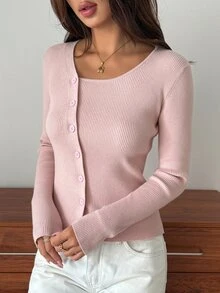 Strévra Women's Autumn Casual Versatile Solid Color Cardigan - Pink - View 4
