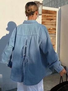 DAZY 女款休閒牛仔夾克，後背開衩綁帶設計，秋季款 - 藍色 - 查看 3