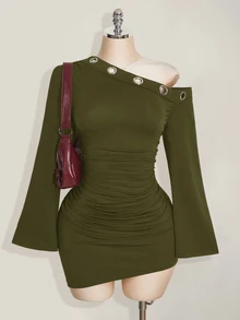 SHEIN ICON Plus Size Casual Daily Summer Dress With Pockets, Diagonal Shoulder And Grommet Decor Fall - Army Green - View 1