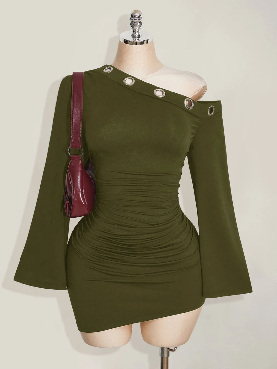 SHEIN ICON Plus Size Casual Daily Summer Dress With Pockets, Diagonal Shoulder And Grommet Decor Fall - Army Green - View 1