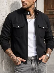 Manfinity CasualCool 男士黑色羊毛翻領鈕扣短夾克，標準版型，米色，秋季休閒商務風，適合辦公室，聖誕禮物 - 黑色 - 查看 3