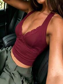 Cévolie Women's Summer French Sexy Lace Patchwork Deep V-Neck Halter Tie Backless Printed Fitted Crop Top - Burgundy - View 6