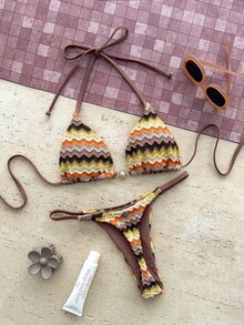 Swim Mod Women's 2026 Spring/Summer New Textured Fabric Small Sun Metal Decor V-Neck Backless Triangle Wrap Rope Studded Bikini Swimsuit 2 Pieces Set - Khaki - View 1