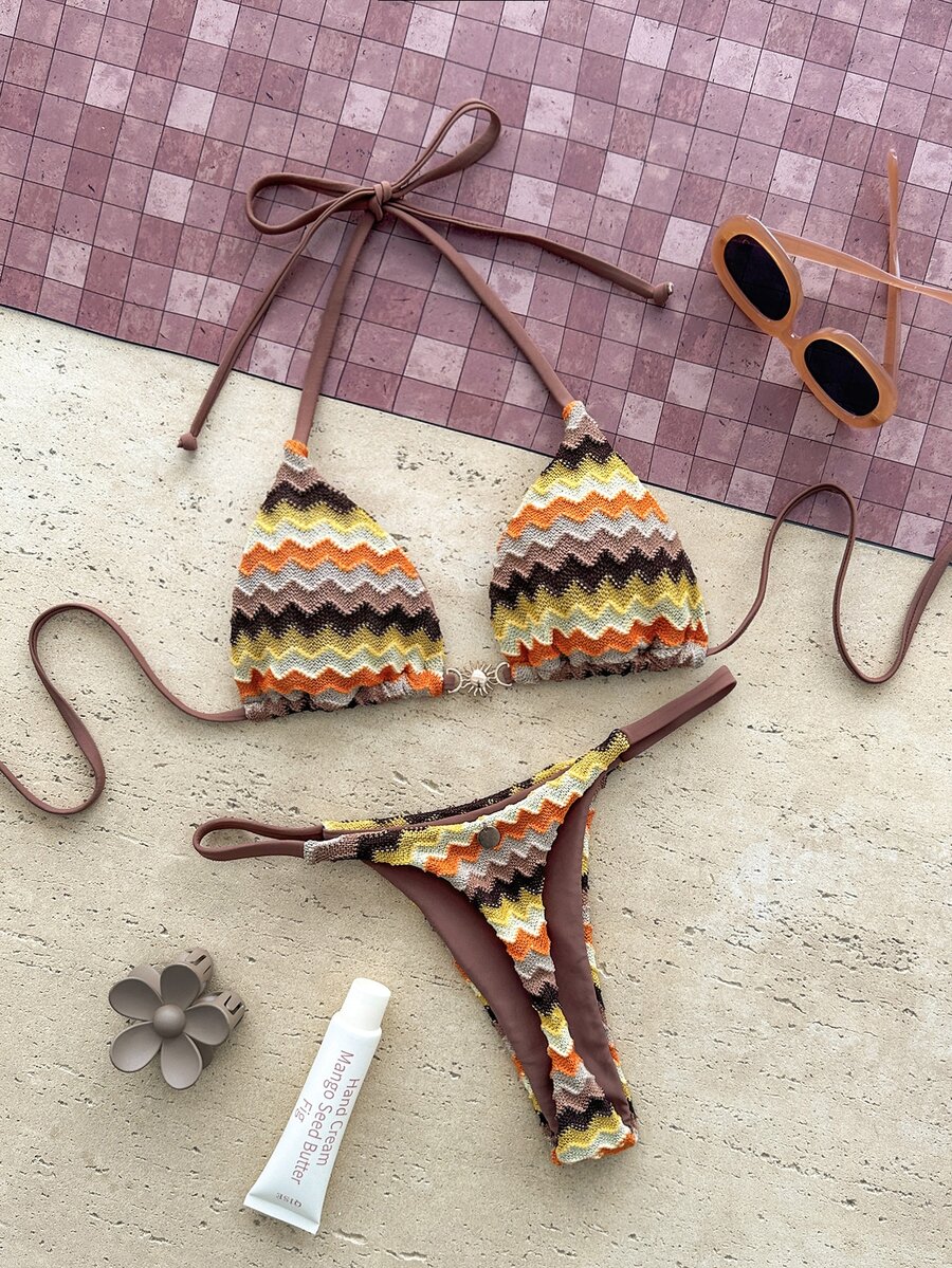 Swim Mod Women's 2026 Spring/Summer New Textured Fabric Small Sun Metal Decor V-Neck Backless Triangle Wrap Rope Studded Bikini Swimsuit 2 Pieces Set - Khaki - View 1