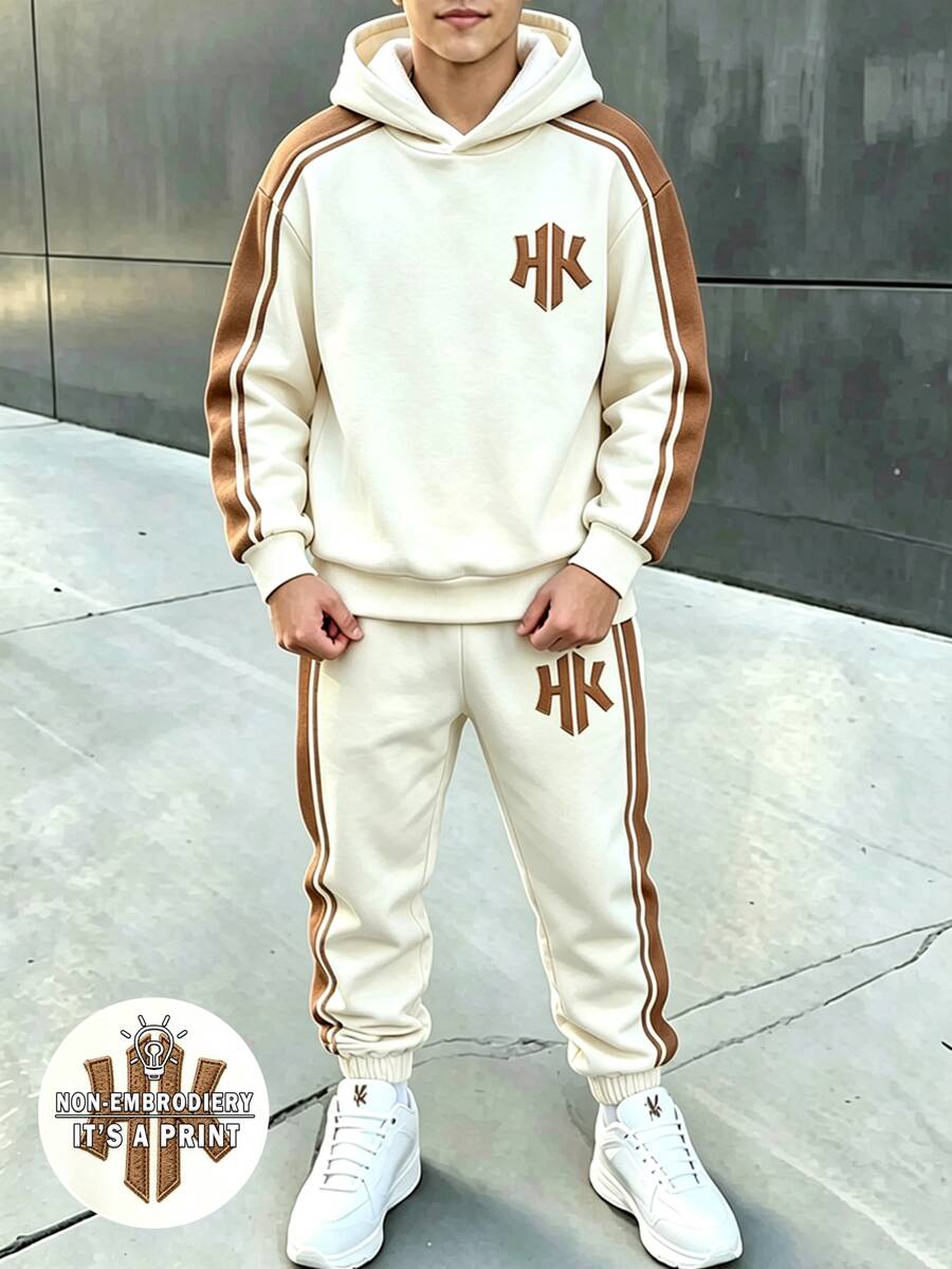 青少年男孩長袖連帽衛衣與條紋拼接配色長褲套裝 - 彩色 - 查看 1