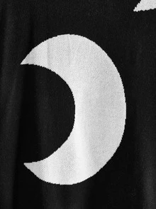ROMWE Dark Gothic Black Cat Skull Moon Star Snake Jacquard Loose Fit Plus Size Pullover Sweater - Black - View 4
