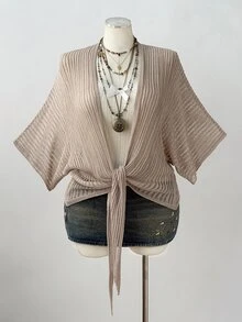Sunspun Relaxed Tone Loose Batwing Sleeve Ribbed Hollow Out Tie-Up Shawl Knit Cardigan Fall - Apricot - View 1