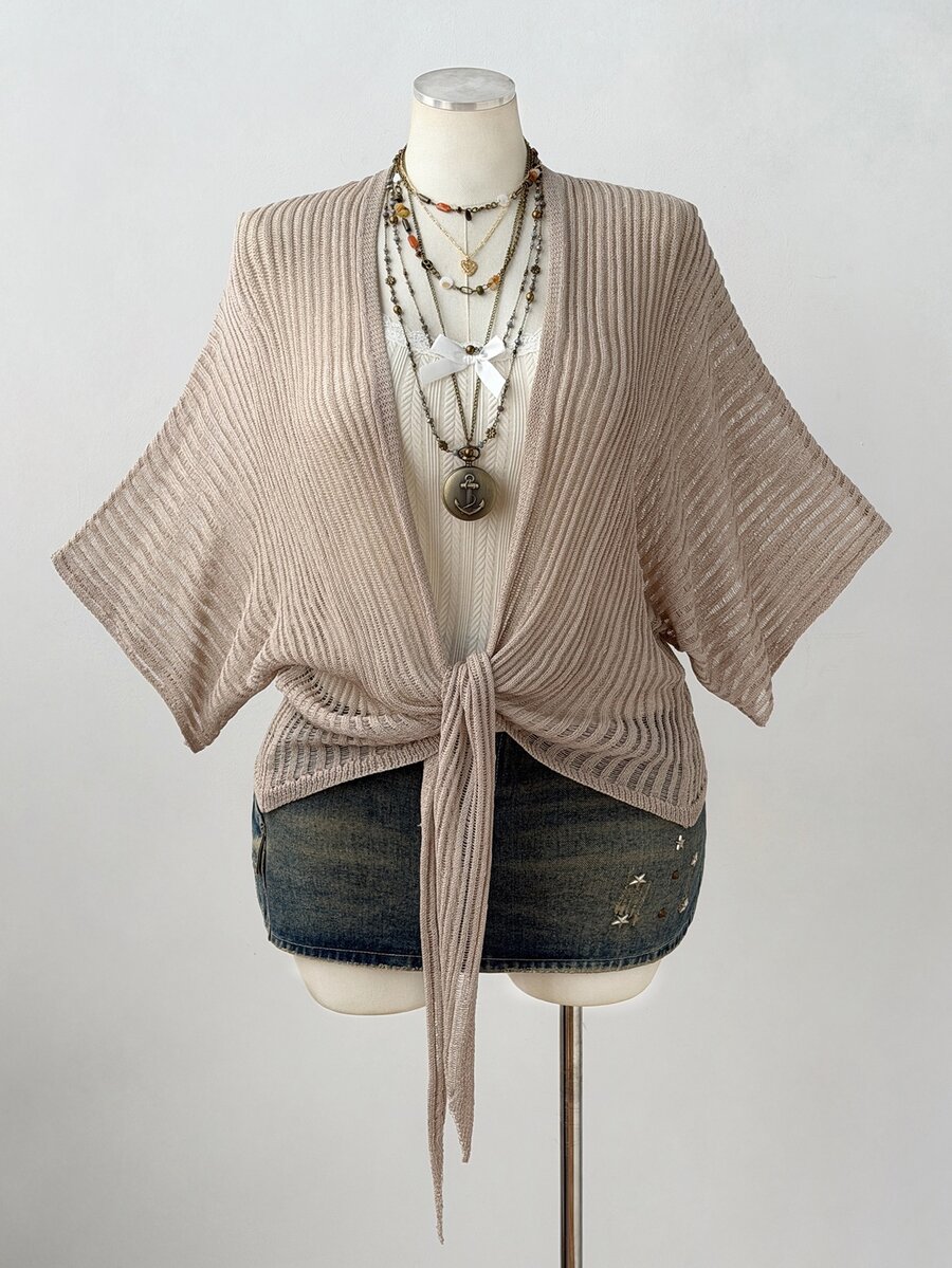 Sunspun Relaxed Tone Loose Batwing Sleeve Ribbed Hollow Out Tie-Up Shawl Knit Cardigan Fall - Apricot - View 1